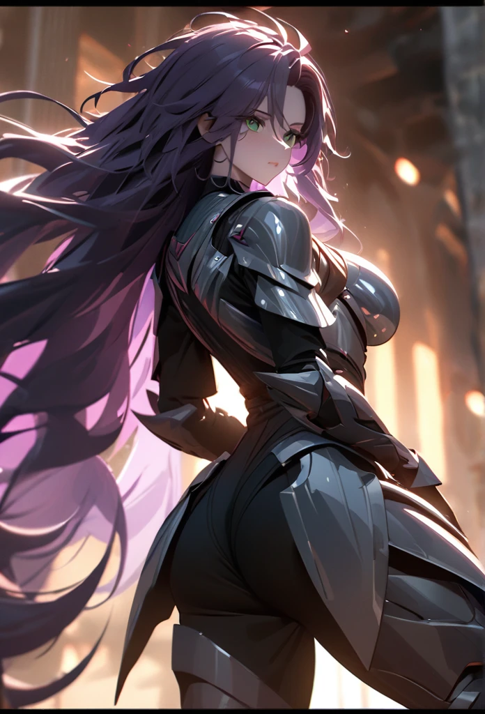 (solo), purple hair, messy hair, mane hair, extra long hair, dense hair, wild hair, expressive hair, mature,(25 year old), pale skin, green eyes, ((man)), wearing a silver armor, armored arms, armored legs, claws,, huge breast, big ass, beautiful, attractive, eye reflection, depth of field, thunder aura,cinematic lighting, ray tracing, depth of field, cinematic lighting, ray tracing, UHD, high details, best quality, highres, high quality, award winning, super detail, masterpiece, 8k, UHD, high details, best quality, highres, high quality, award winning, super detail, masterpiece, 8k, digital art, anime coloring, body shot, good face, perfect face, detailed face, good eyes