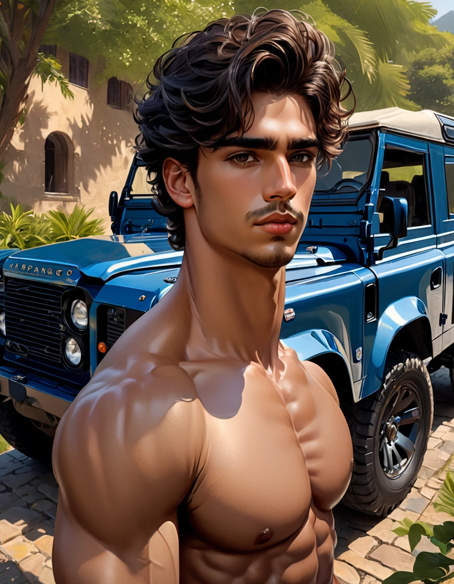 fullbody oil painting, fullbody a handsome male, fullbody, 20 years old hot man, latino male, perfect proportion, fullbody, detailed, Renaissance, , drapery, well shaped muscles, veiny arms, very tall male, the man has a fantastic hairstyle, the man has a sly look and alluring  expression, extremely detailed and symmetrical  features that highlight his beauty, the man has a beautiful pose, nest to a blue metal land rover car, Caravaggio, dimly lit, oil on canvas, brushstrokes, plantation house, river, mountans, shadows, obscure, Watercolor, trending on artstation, sharp focus, studio photo, intricate details, highly detailed, by greg rutkowski
