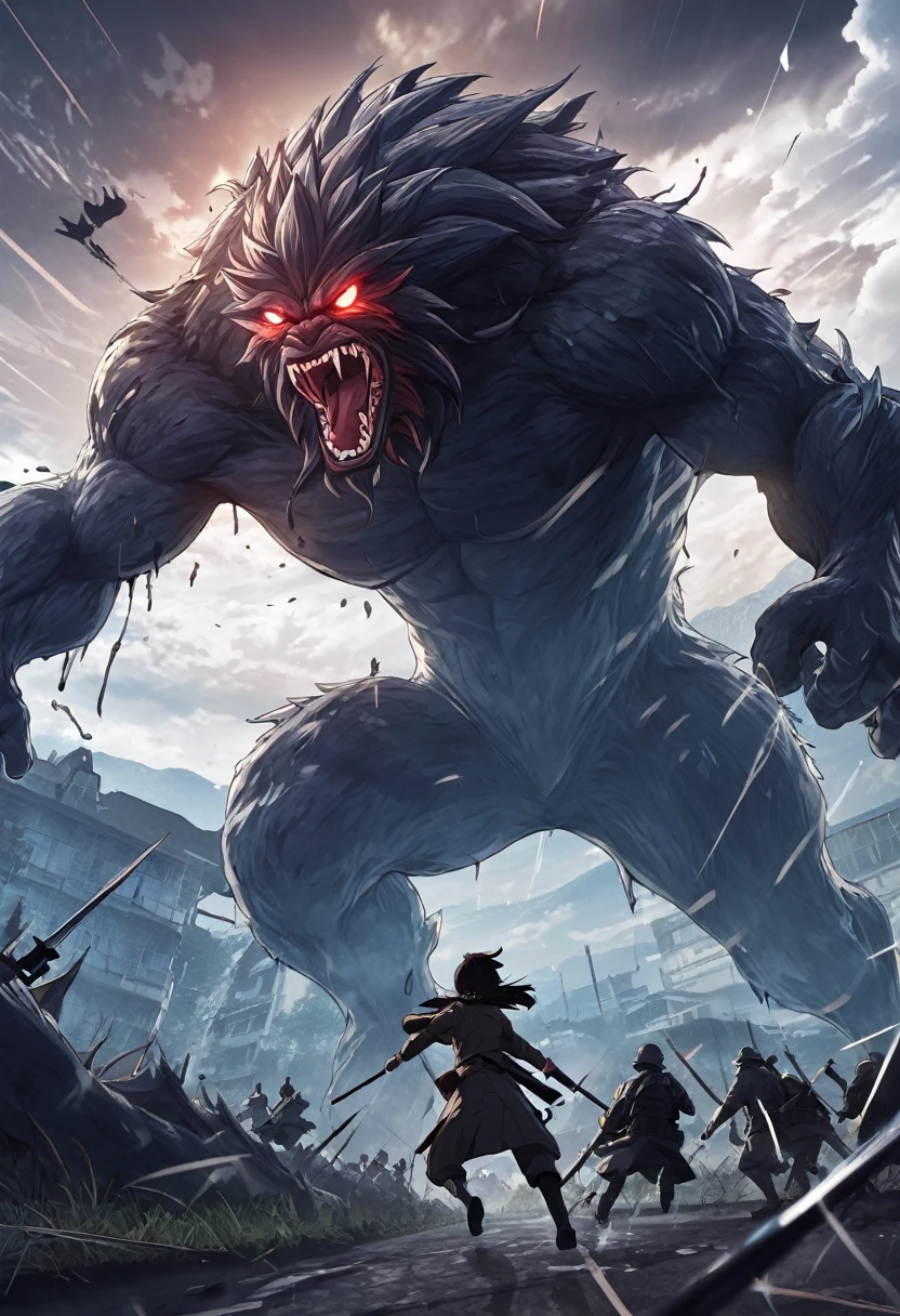 (masterpiece), (highest quality),Anime Style,  attacked by monster, , Battlefield Background, Monsters to chase、Composition 