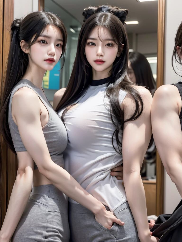 Four girls in school uniforms pose for a photo in front of a mirror,jitome,Tentacle hair,Strong muscles,Strong shoulders,Strong body,Expressionless eyes,,Bow your head,Gray hair.Gray long hair,White hair,There are no shoulder straps,Black clothes,(Flat chest 1.2),Angry expression,,Look at the audience,avatar,portrait,Smirk,cruel korean goth girl, korean girl, Gray long hair飘逸,The feeling of the wind blowing,avatar,portrait,,Bangs covering eyes,Flowing hair,Show your arms