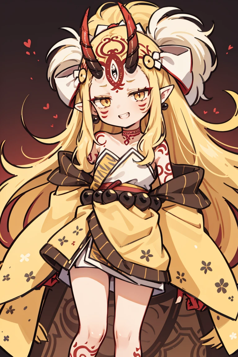 1 girl, standing alone, (ibaraki_Douji), blond, yellow  eyes, slitted pupils, oni horns, Japanese clothing, pointy ears, kimono, bared shoulders, Off The Shoulder, yellow kimono, forehead mark, toenails, sharp toenails, ((Red Hands)), hair accessories, slickedback hair, jewerly, aretes, ssmile, ssmile, (sharped teeth), (hands on chest), gazing at viewer, trunk, standing, work of art, best qualityer