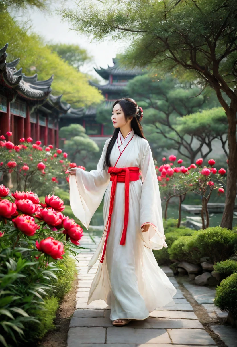 a woman wearing a white dress walking in a garden with red and white peony flowers in the foreground, a girl wearing hanfu traditional chinese clothing, long flowing hair and robe, ancient chinese garden background