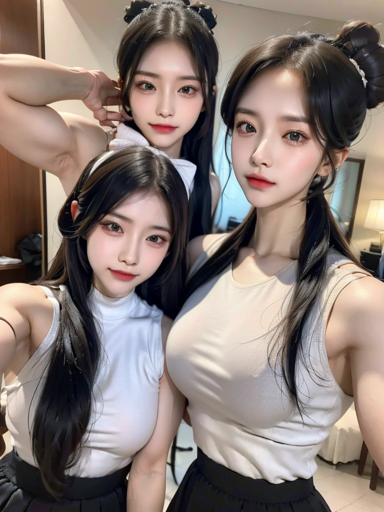 Four girls in school uniforms pose for a photo in front of a mirror，jitome，Tentacle hair，Strong muscles，Strong shoulders，Strong body，Expressionless eyes，，Bow your head，Gray hair.Gray long hair，White hair，There are no shoulder straps，Black clothes，（Flat chest 1.2），Angry expression，,Look at the audience，avatar，portrait，Smirk,cruel korean goth girl, korean girl, Gray long hair飘逸，The feeling of the wind blowing，avatar，portrait，，Bangs covering eyes，Flowing hair，Show your arms