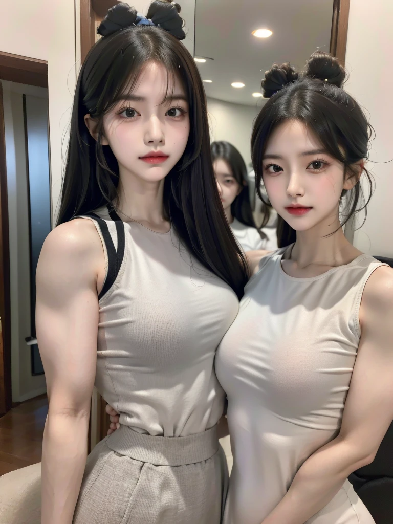 Four girls in school uniforms pose for a photo in front of a mirror,jitome,Tentacle hair,Strong muscles,Strong shoulders,Strong body,Expressionless eyes,,Bow your head,Gray hair.Gray long hair,White hair,There are no shoulder straps,Black clothes,(Flat chest 1.2),Angry expression,,Look at the audience,avatar,portrait,Smirk,cruel korean goth girl, korean girl, Gray long hair飘逸,The feeling of the wind blowing,avatar,portrait,,Bangs covering eyes,Flowing hair,Show your arms