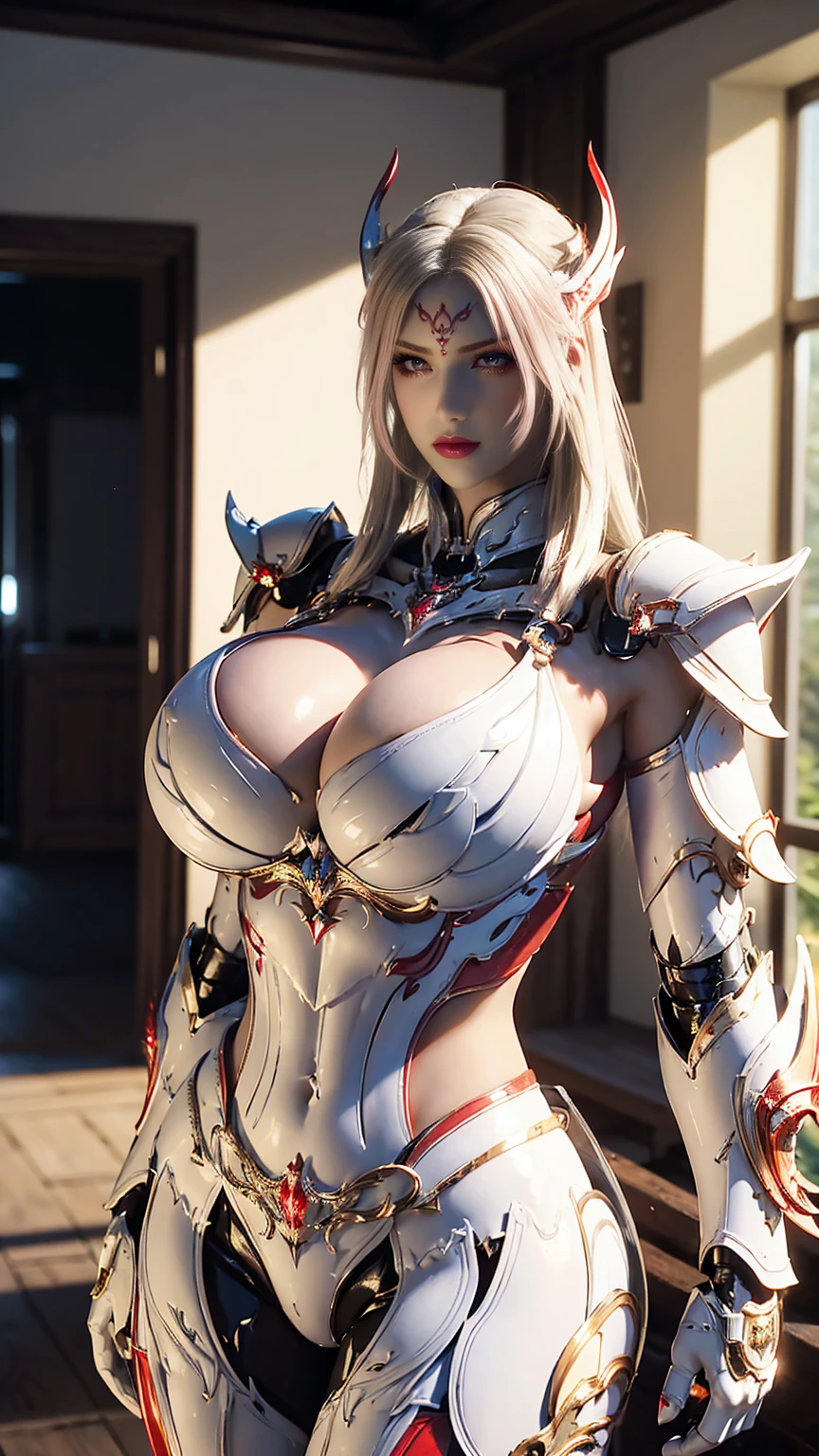 A BUSTY MILF, CLOSE UP UPPER BODY,SOLO, ((DRAGON MECHA HORN)), (GIGANTIC FAKE BOOBIES,CLEAVAGE TOP,11 LINE ABS:1.5), ((WEARING OUTFIT WHITE,RED,BLACK DRAGON MECHA SKIMPY TRANSPARANT ARMOR:1.5)), (MUSCULAR BODY SHAPE:1.5), (CLEAN GLOSSY BODYSKIN:1.5), (LOOKING AT VIEWER:1.6), (BACKGROUND FUTURISTIC SPACE STATION:1), (PHOTOREALSITIC:1.4), (ULTRA-DETAILLIERT), (TOP-QUALITY), (BEST SHADOWS), BRIGHT LIGHT IN ROOM, HYPER TEXTURE, (4X MSAA), ((UNREAL ENGINE 5 RENDER)), (NEON), PHYSICALLY-BASED RENDERING, ULTRA HIGHT DEFINITION, 16K, 1080P.