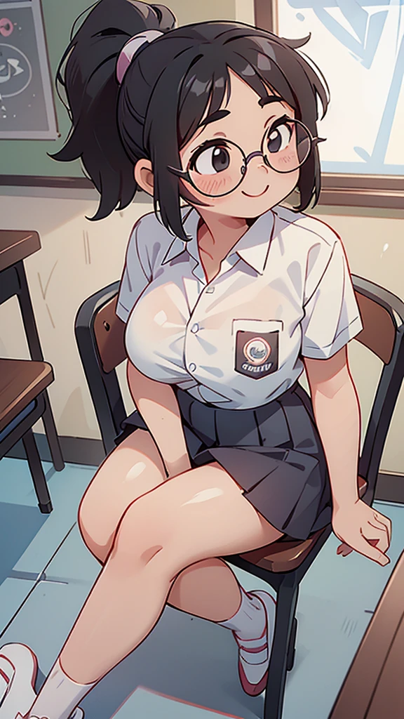 1 woman, , (ponytail, black hair), wearing round glasses, plump body, black eyes, Indonesian high-school uniform, (wearing transparent white shirt, showing bra), osis logo on shirt pocket, huge XL breasts, light-grey pleated skirt, sitting on a chair, seductive pose, full body shot, smiling, in the classroom.