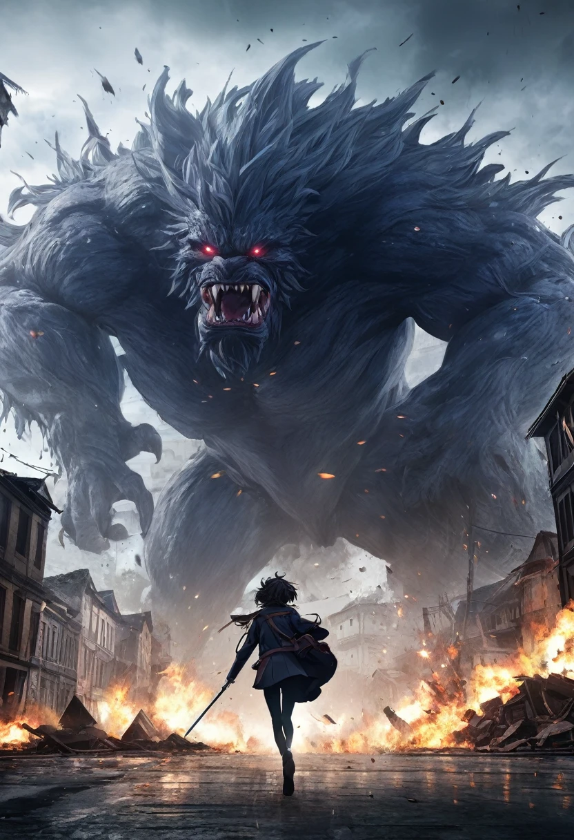 (masterpiece), (highest quality),Anime Style, any humans, attacked by monster, , Battlefield Background, Messy Hair, Tattered clotheonsteronsters to chase、Composition