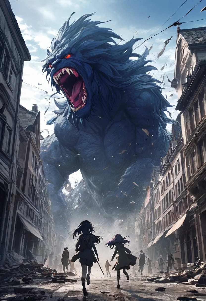 (masterpiece), (highest quality),Anime Style, any humans, attacked by monster, , Battlefield Background, Messy Hair,  Tattered clotheonsteronsters to chase、Composition 