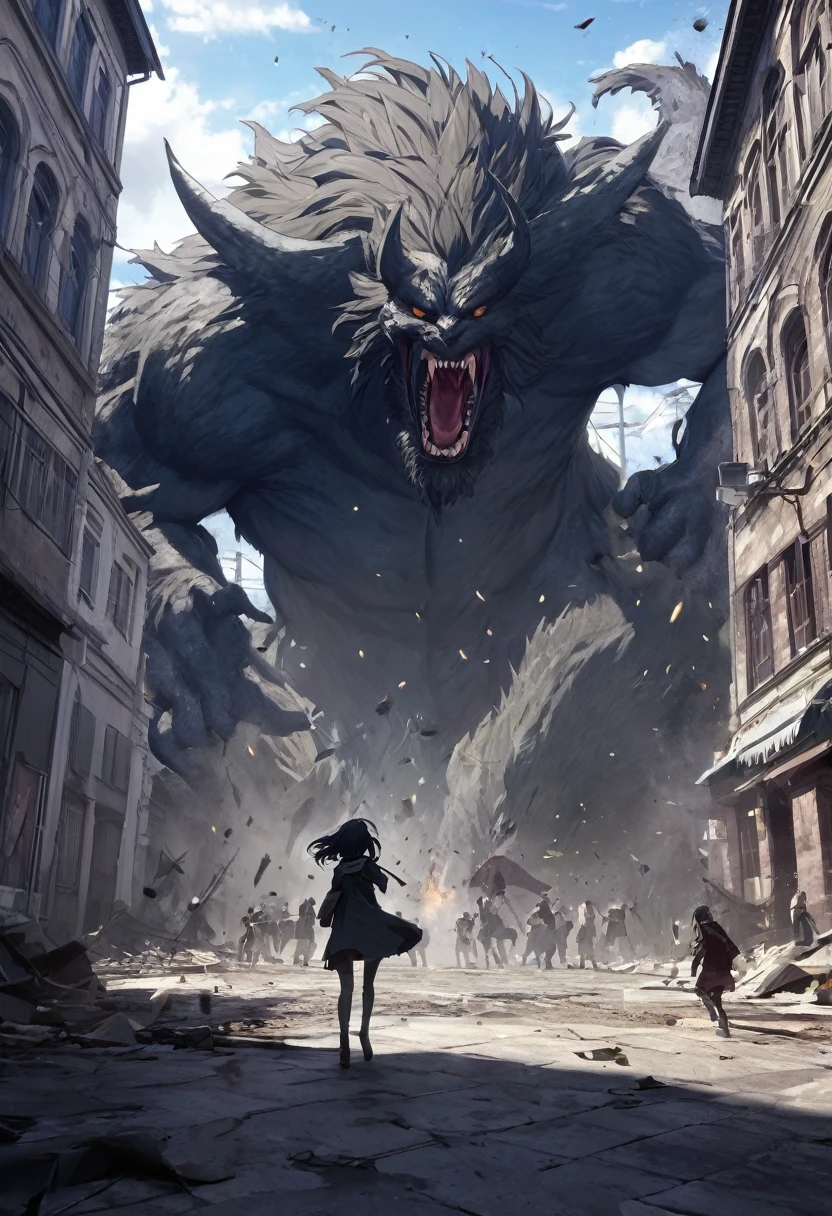 (masterpiece), (highest quality),Anime Style, any humans, attacked by monster, , Battlefield Background, Messy Hair, Tattered clotheonsteronsters to chase、Composition from behind