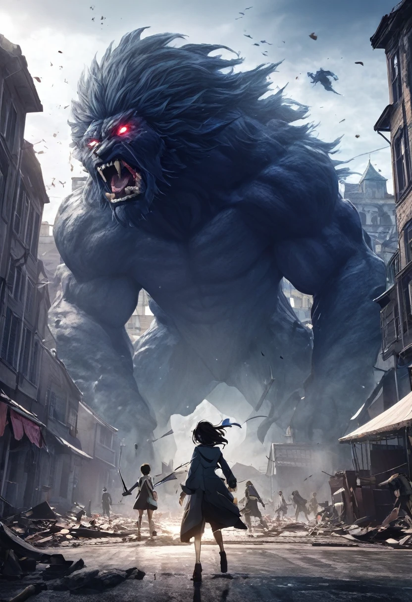 (masterpiece), (highest quality),Anime Style, any humans, attacked by monster, , Battlefield Background, Messy Hair, Tattered clotheonsteronsters to chase、Composition from behind