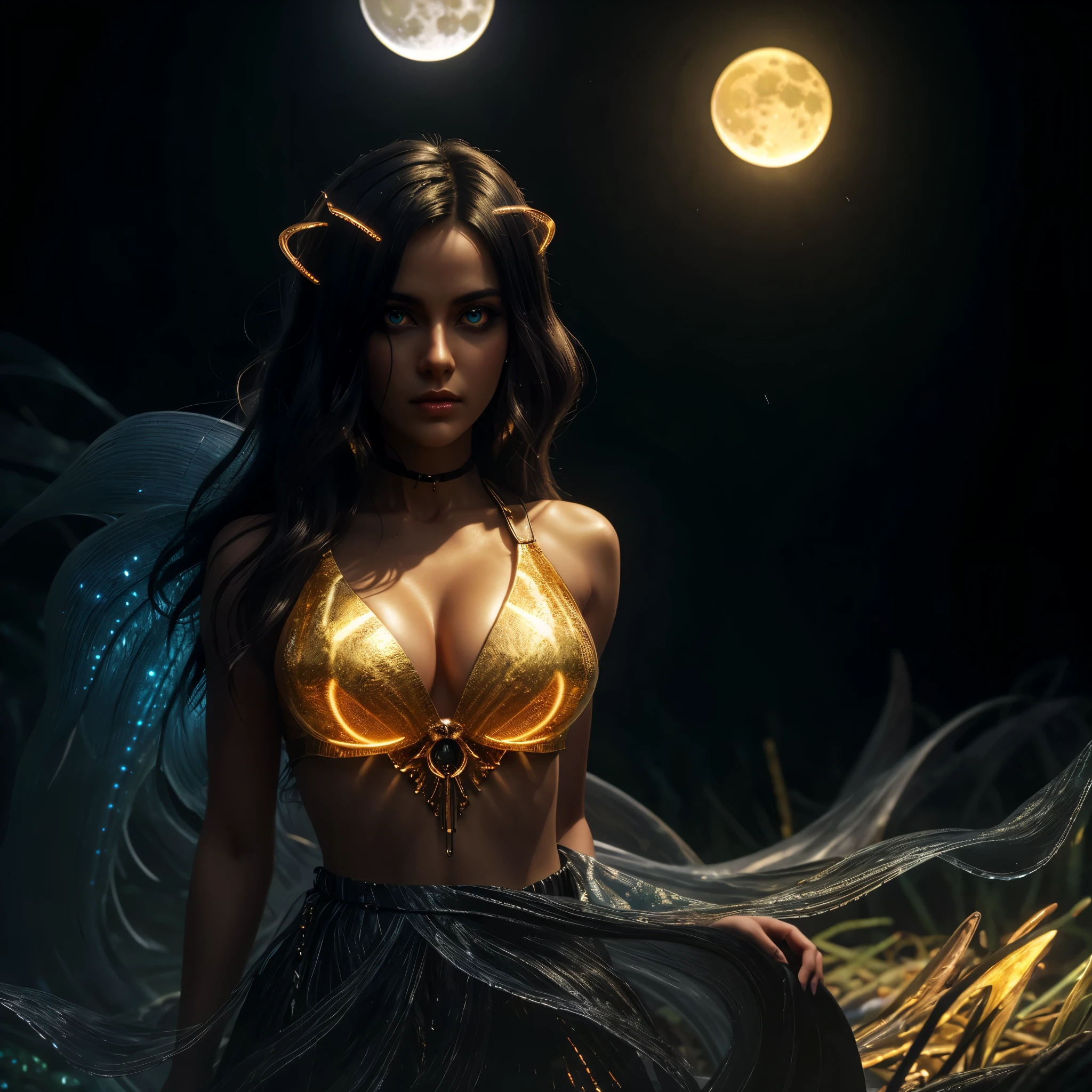 +(((HDMI, HDRI, UDHD))),((Njj 3d)+(Njj modern anime)), night, rain, cemetery, 1 woman, punk rock style clothes, black leather jeans, chains, sneakers, ( (neon iris lighting) 1.1), (eyes emit a magical glow 1.1), ((detailed beautiful eyes) 1.1)), lighting: ((light source full moon))), (((bioluminescence halo light effect Aura focuses on hair))), light falling from above, close-up, bright colors, high quality, extreme detail, blur, depth of field, blurred foreground, looking into the camera, The image had to have an overall sense of mysticism and otherworldliness., with even more number of fantasy elements. (perfect details: 1.1), (beautiful and clear background: 1.2), (extremely detailed CG, ultra detailed, best shadow: 1.1), (finely detailed beautiful eyes), (full-length 1.1), ((fairy fog effect)) , ((ultrasound wave effect)), ((golden rays)), ((abnormal air vibration))., 3D, digital art, on a solid color black background