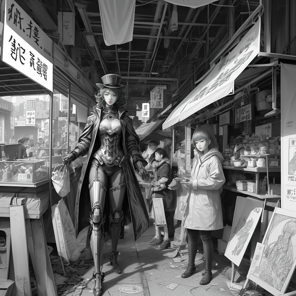 steampunk。Hongkong、Abandoned Asian cities、Alley、food stall、Rubber Coat Mecha。Midnight、Mucha、flower、Grasonochrome、Line artだけの塗り絵を作ってください。Line art、Finally, create the bottom of the coloring book.