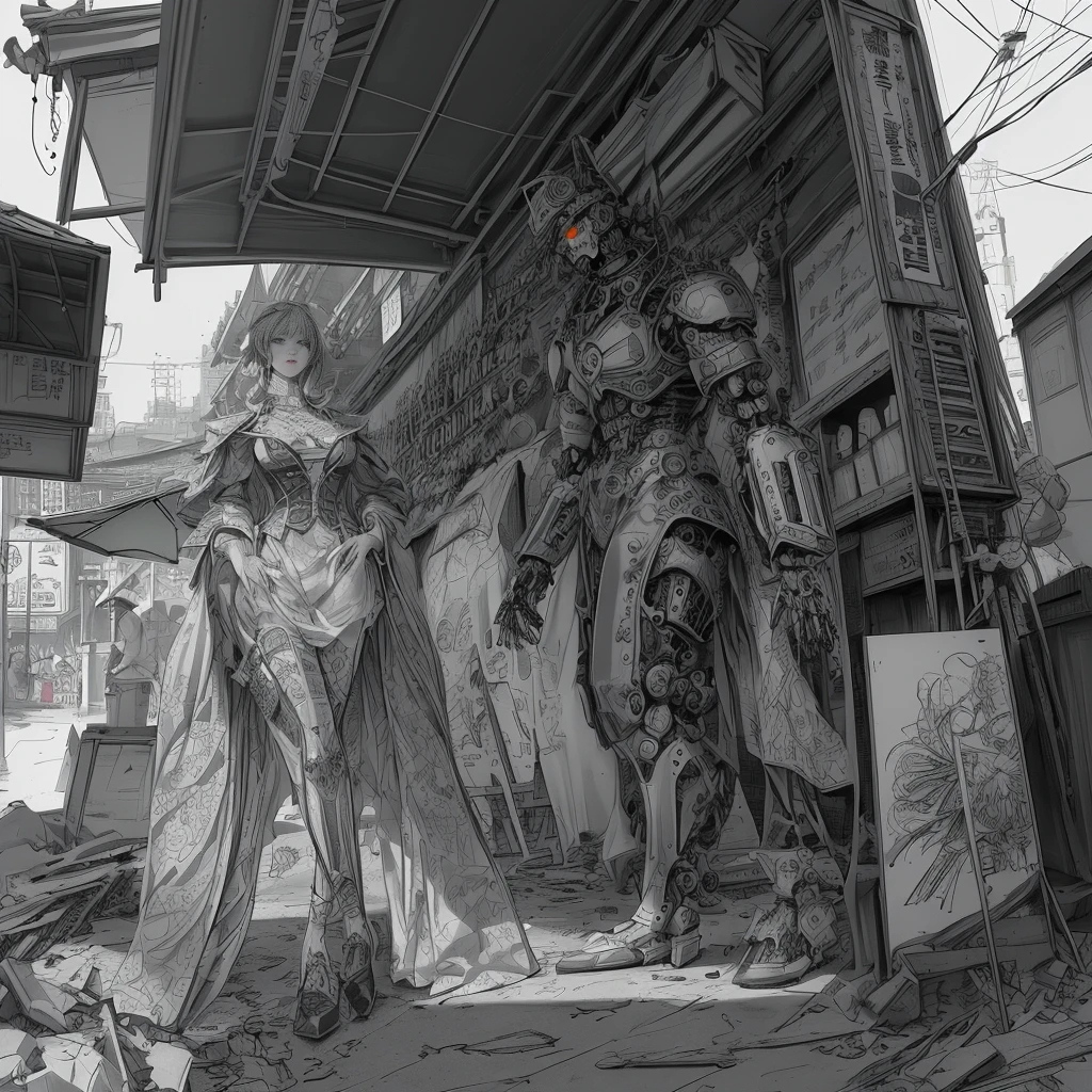steampunk。Hongkong、Abandoned Asian cities、Alley、food stall、Rubber Coat Mecha。Midnight、Mucha、flower、Grasonochrome、Line artだけの塗り絵を作ってください。Line art、Finally, create the bottom of the coloring book.