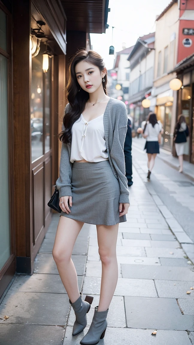 masterpiece, best quality, Photorealism, Very detailed, Finely, high resolution, 8k wallpaper, professional, Advanced Details, ((A 20-year-old girl:1.2)), Slim Japanese women,Lovely lips, Detailed clavicle, Medium chest、Perfect face, (Long hair beauty:1.5), Chestnut hair、Cute face、White cardigan、(Grey Flared Mini Skirt:1.5)、Black ankle boots、(Sexy poses in the shopping area:1.1)、Perfect professional Potion、((Full body shot))、