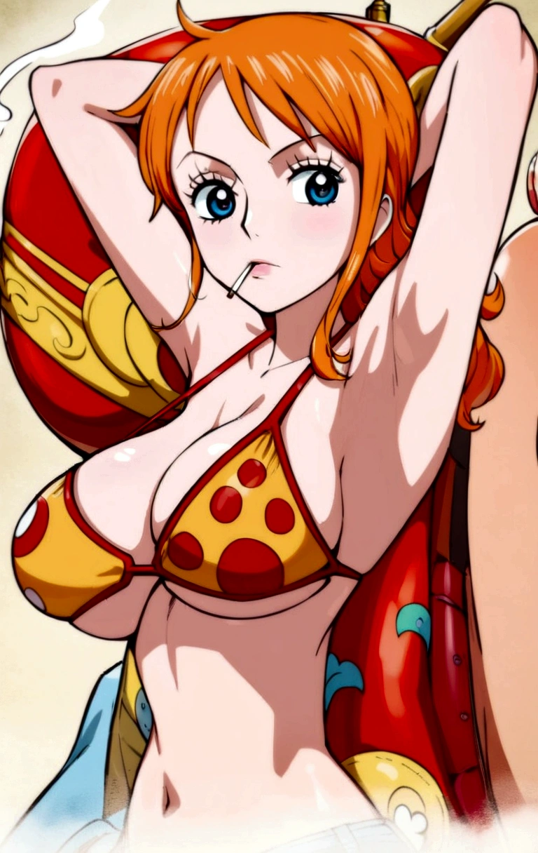 a cartoon picture of a woman in a bikini top and jeans, nami one piece, nami from one piece, nami, beautiful portrait of nami, from one piece, oppai, blue eyes, smoking