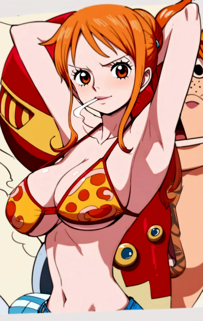 a cartoon picture of a woman in a bikini top and jeans, nami one piece, nami from one piece, nami, beautiful portrait of nami, from one piece, oppai, blue eyes, smoking