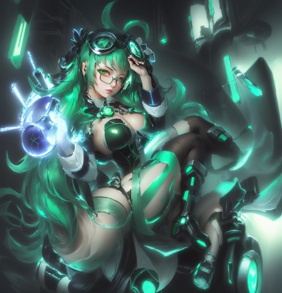 anime girl with green hair and glasses sitting on a suitcase, dishonest anime girl, lady dust, alchemist girl, inspired by Leiko Ikemura, mechanized witch girl, dust, vanilla art, girl of the zodiac knights, cyborg merchant girl, Lúcio as a woman, Senna de League of Legends, league of legends style