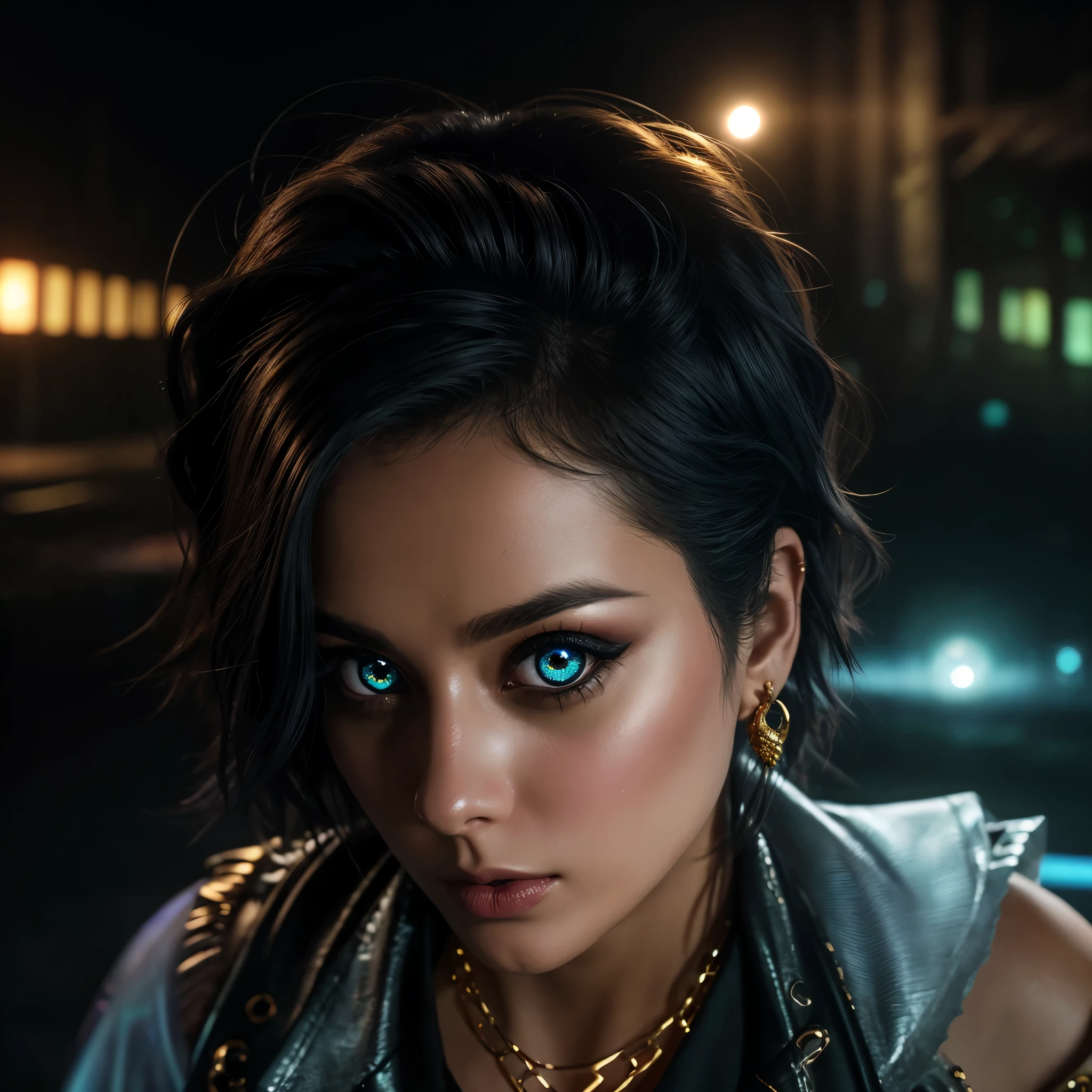 +(((HDMI, HDRI, UDHD))),((Njj 3d)+(Njj modern anime)), night, rain, cemetery, 1 woman, punk rock style clothes, black leather jeans, chains, sneakers, ( (neon iris lighting) 1.1), (eyes emit a magical glow 1.1), ((detailed beautiful eyes) 1.1)), lighting: ((light source full moon))), (((bioluminescence halo light effect Aura focuses on hair))), light falling from above, close-up, bright colors, high quality, extreme detail, blur, depth of field, blurred foreground, looking into the camera, The image had to have an overall sense of mysticism and otherworldliness., with even more number of fantasy elements. (perfect details: 1.1), (beautiful and clear background: 1.2), (extremely detailed CG, ultra detailed, best shadow: 1.1), (finely detailed beautiful eyes), (full-length 1.1), ((fairy fog effect)) , ((ultrasound wave effect)), ((golden rays)), ((abnormal air vibration))., 3D, digital art, on a solid color black background