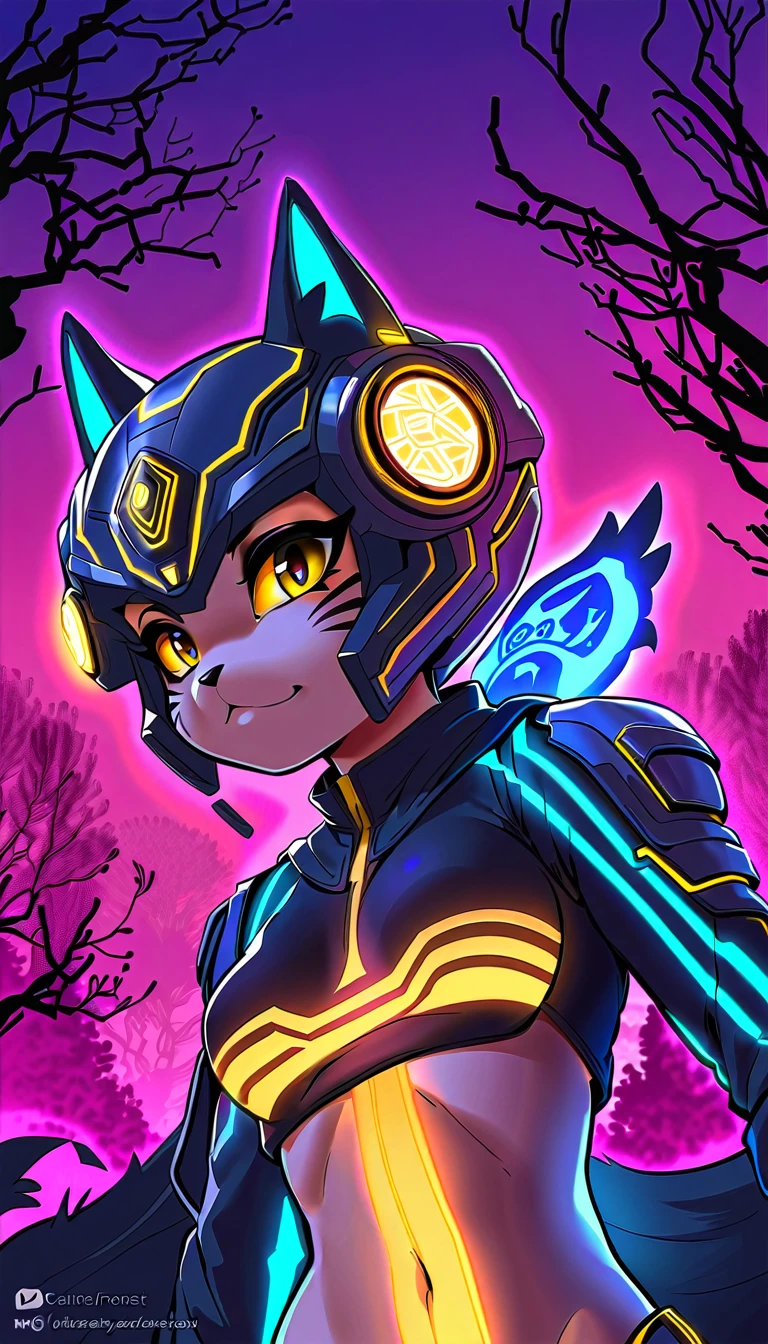 (highest quallity, 4K, 8K, high resolution, work of art:1.2), super verbose, Sci-fi close-up of a hairy woman wearing a helmet, ((ancient forest, rich light changes)), Very complex and detailed expression, Fusion of ancient ruins and science fiction, cat girl, cyberpunk fashion, hight contrast, Expressing Kawaii Chibi.