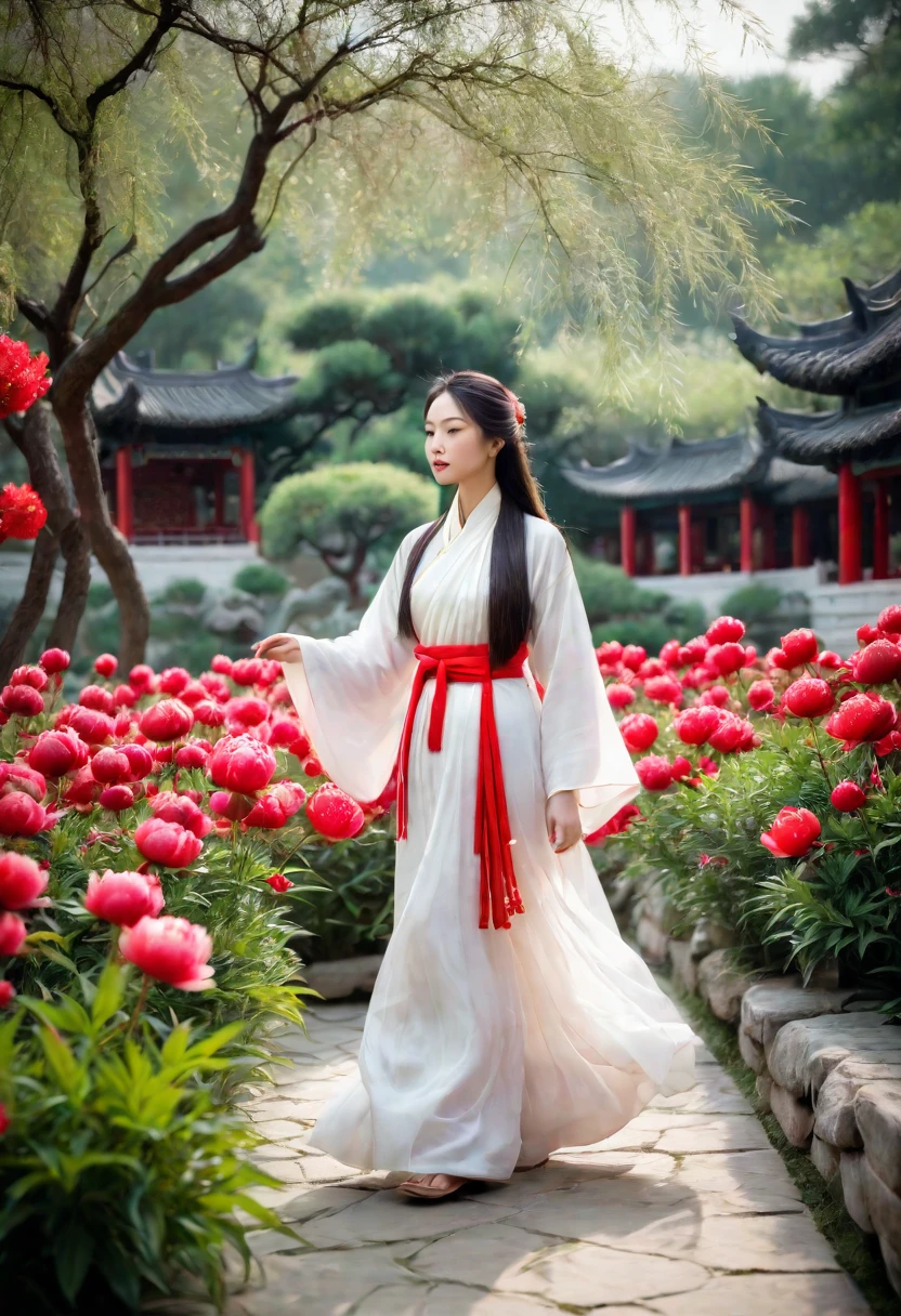 a woman wearing a white dress walking in a garden with red and white peony flowers in the foreground, a girl wearing hanfu traditional chinese clothing, long flowing hair and robe, ancient chinese garden background