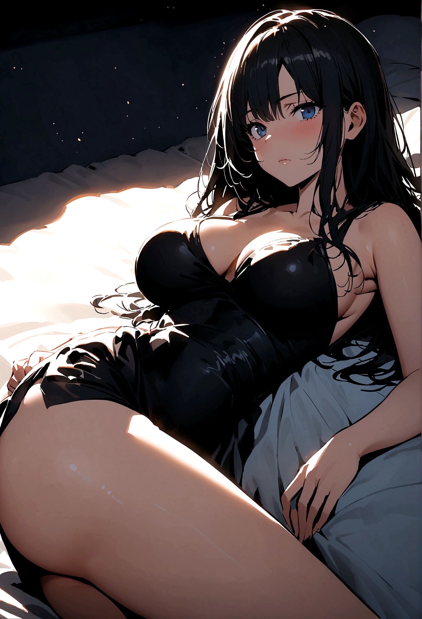  young woman with small waist and big , high ,a very well defined face with a black dress open at the ,with big black hair down, lying on a bed in a  pose