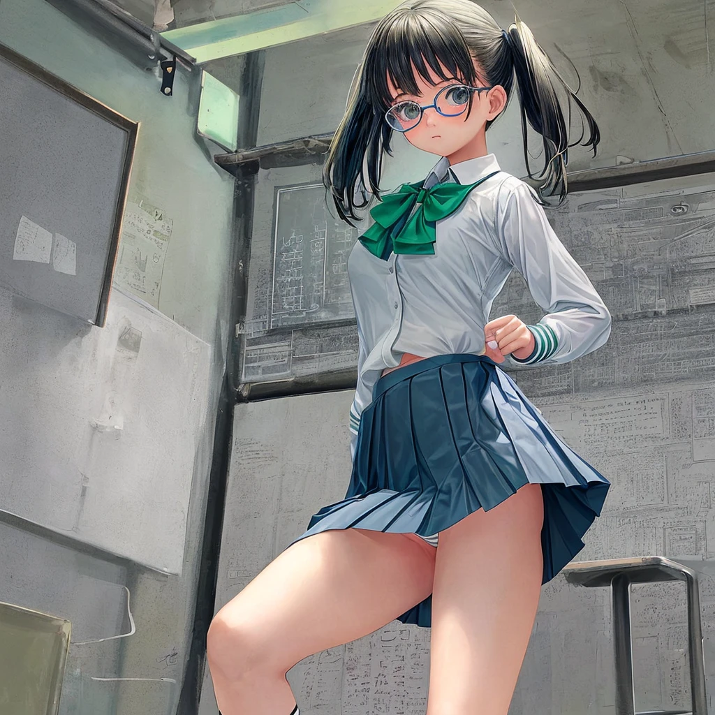 Elementary school girl,uniform,mini skirt,Glasses,Green and light blue panties can be seen from under the skirt.
