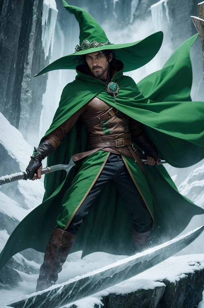 man wearing a green cloak and a green witch's hat and holding a large ice scythe