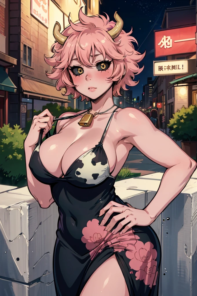 (best quality:1.3), (4k quality), 1 mature woman, Mina Ashido by boku no hero, ((Detailed face)), (blush), city, (cow long dress)
