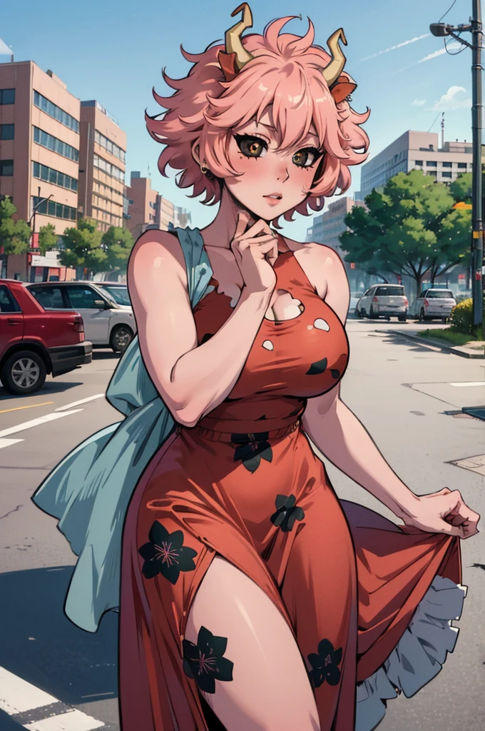 (best quality:1.3), (4k quality), 1 mature woman, Mina Ashido by boku no hero, ((Detailed face)), (blush), city, (cow long dress)