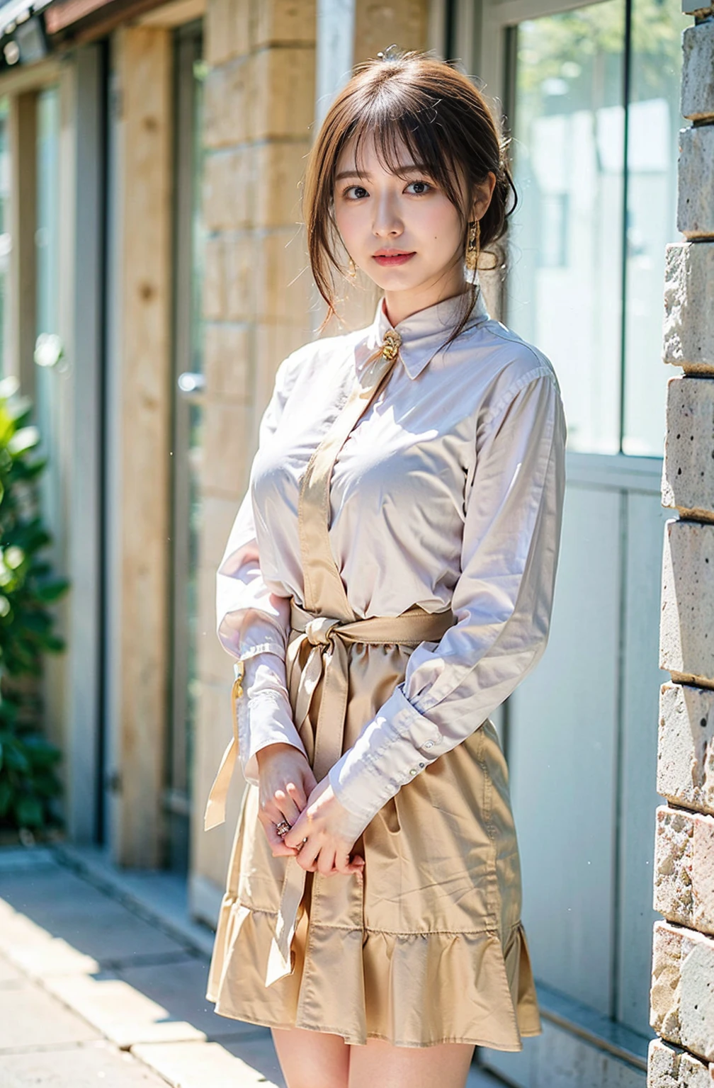 （（Cream hair color、砂浜でsmileで撮影:1.4））、Sleeveless、Outdoor shots、Cute clothes、Tie your hair、Cream hair color、Leather Belt、Her huge breasts are obvious even through her clothes..、Small earrings、Light brown hair color、Tie your hair:1.4））、Shiny Hair、Light beige hair color、Background Blur、Braid only the front hair、Light brown hair、｛｛Cowgirl Shot｝｝、（（Close-up shot from the waist up、Big Breasts:1.4））、Big Breasts、にっこりsmile、Silk clothing、服からでも分かるBig Breasts、Braid only the front hair、Cowboy Shot、A gorgeous white collared silk shirt and a brown skirt、Elegant attire、Luxury Bags、素敵なsmile、（（Revealing clothing））、Full body photo、ring、Short skirt、Tuck your hair behind one ear、Silver Necklace、smile、 Elegant ponytail、Caustics、Highly detailed photos、Very beautiful and ideal short hair、Big Breasts、Super no makeup、(8K、RAW Photos、Highest quality、masterpiece:1.2)、(Realistic、Realistic)、1 Girl、((Big Breastsショートヘア、Looking into the camera:1.4))、Hair blowing in the wind
