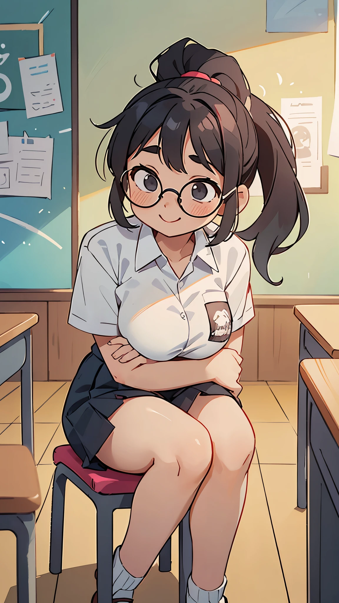 1 woman, ************, (ponytail, black hair), wearing round glasses, plump body, black eyes, Indonesian high-school uniform, (wearing transparent white shirt, showing bra), osis logo on shirt pocket, huge XL breasts, light-grey pleated skirt, sitting on a chair, seductive pose, full body shot, smiling, in the classroom.