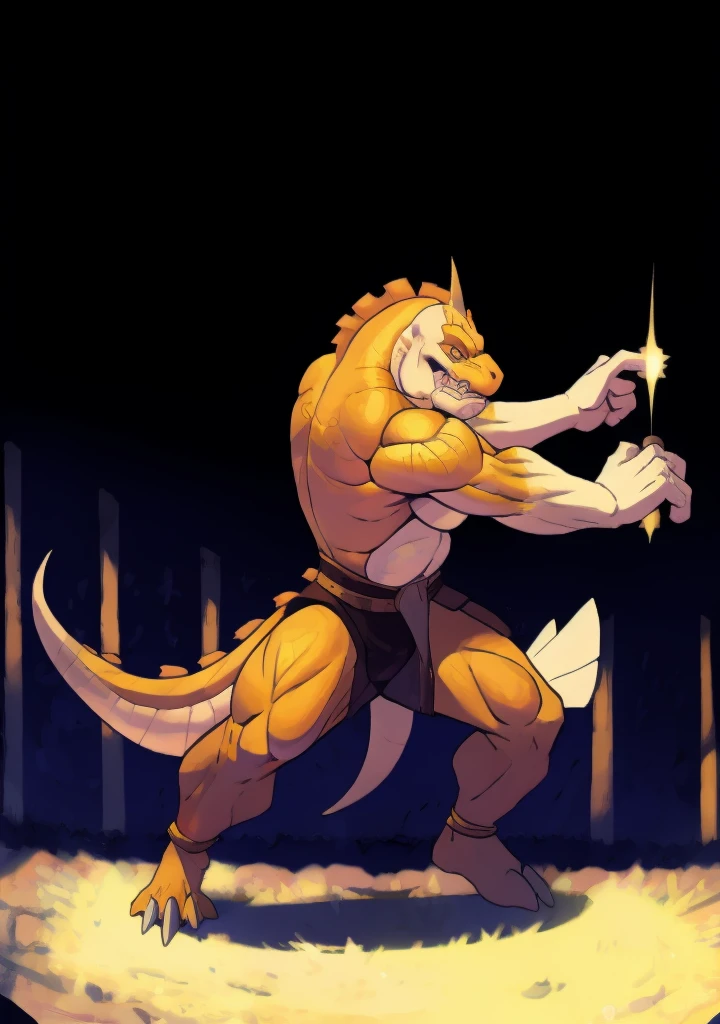 a reptilian with a fish-like helmet engaged in combat in an arena