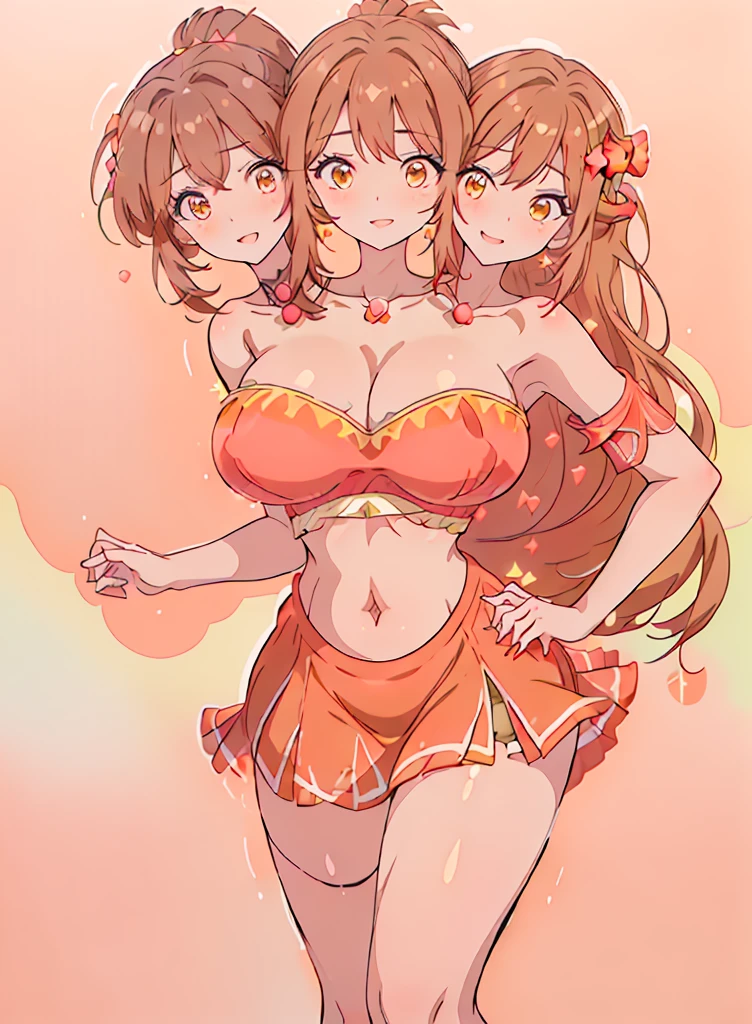 (16K), ((three headed woman)), smiling, highres, masterpiece, ((brown hair)), cleavage, large breasts, ((coral dress:1.5)), lustrous and smooth skin, (mature woman), seductive silhouette, ((crop top)), sexy proportions, Beautiful girl with accentuated slender abs, seductive woman, ((party background)), necklace, coral miniskirt, miniskirt, open belly, exposed midriff, strapless, sleeveless, yellow eyes, beautiful eyes, ((long bushy ponytail)), ((gala)), cowboy shots, very big tits, huge tits, open belly, exposed midriff
