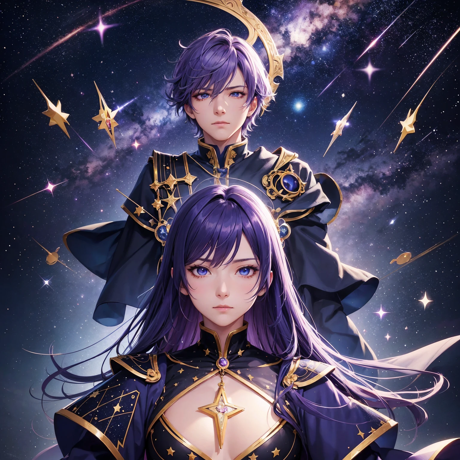 Detailed anime style,masterpiece, Starry Sky,constellation,6k,whole body,One Man, magician,Tarot,fortune teller,Costume Clothes,blue eyes,Purple Hair,Complementary Color, Cinema Lighting, Detailed shading, Character design sheet,Front view, Side view, Full of details, Mr.々Poses and facial expressions, Very detailed,