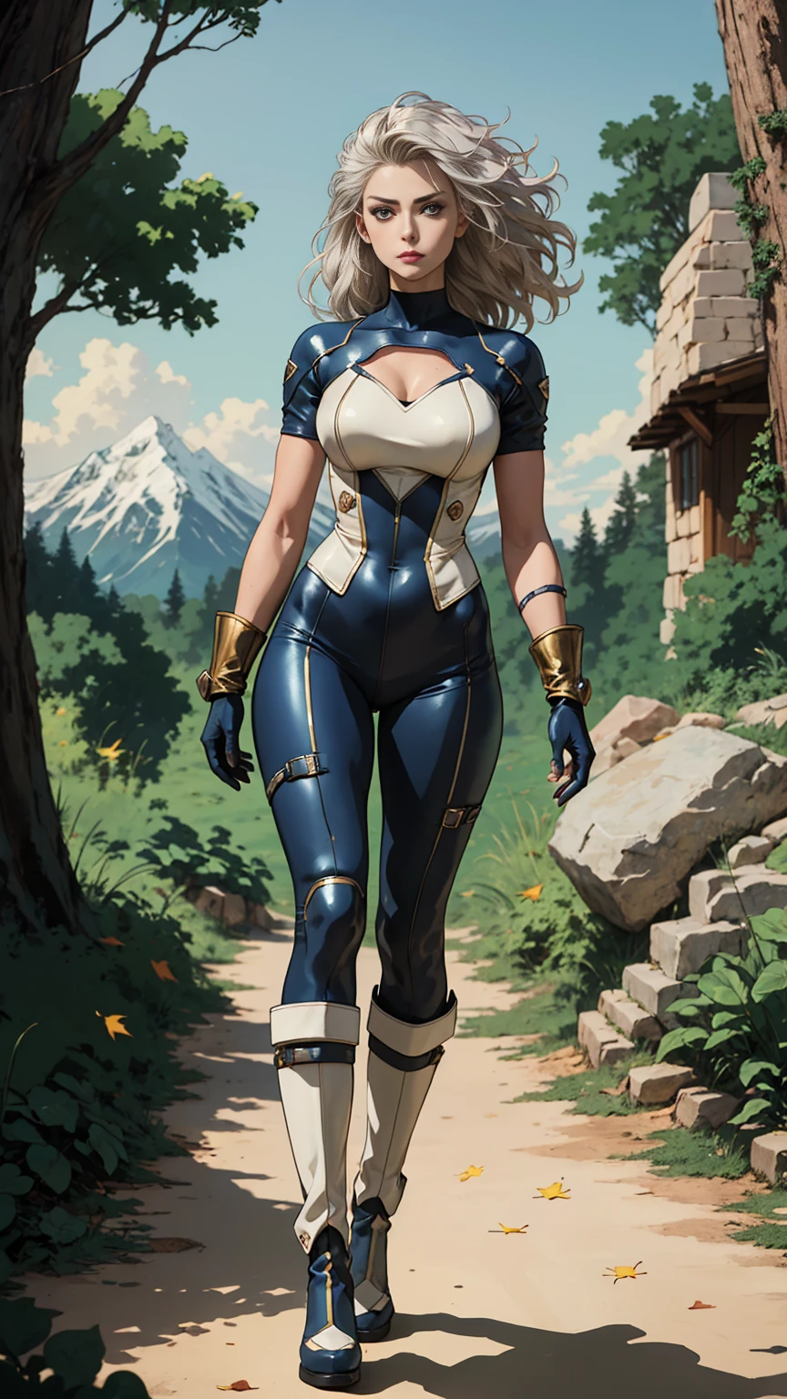 (((full body photo))),A middle-aged beautiful woman, long platinum-blond hair, neatly combed hair, a square face, a serious expression, sharp eyes, tall figure, a dark fantasy-realistic style bodysuit, short sleeve, a silver-white chestplate, gloves with metal accessories, three metal blades extending from the gloves, tight-fitting pants that match the bodysuit, silver-white metal shin guards, boots, the background is a mountain forest at night, with falling leaves, this character embodies a finely crafted fantasy-realistic style assassin in anime style, characterized by an exquisite and mature manga illustration art style, high definition, best quality, highres, ultra-detailed, ultra-fine painting, extremely delicate, professional, anatomically correct, symmetrical face, extremely detailed eyes and face, high quality eyes, creativity, RAW photo, UHD, 8k, Natural light, cinematic lighting, masterpiece-anatomy-perfect, masterpiece:1.5