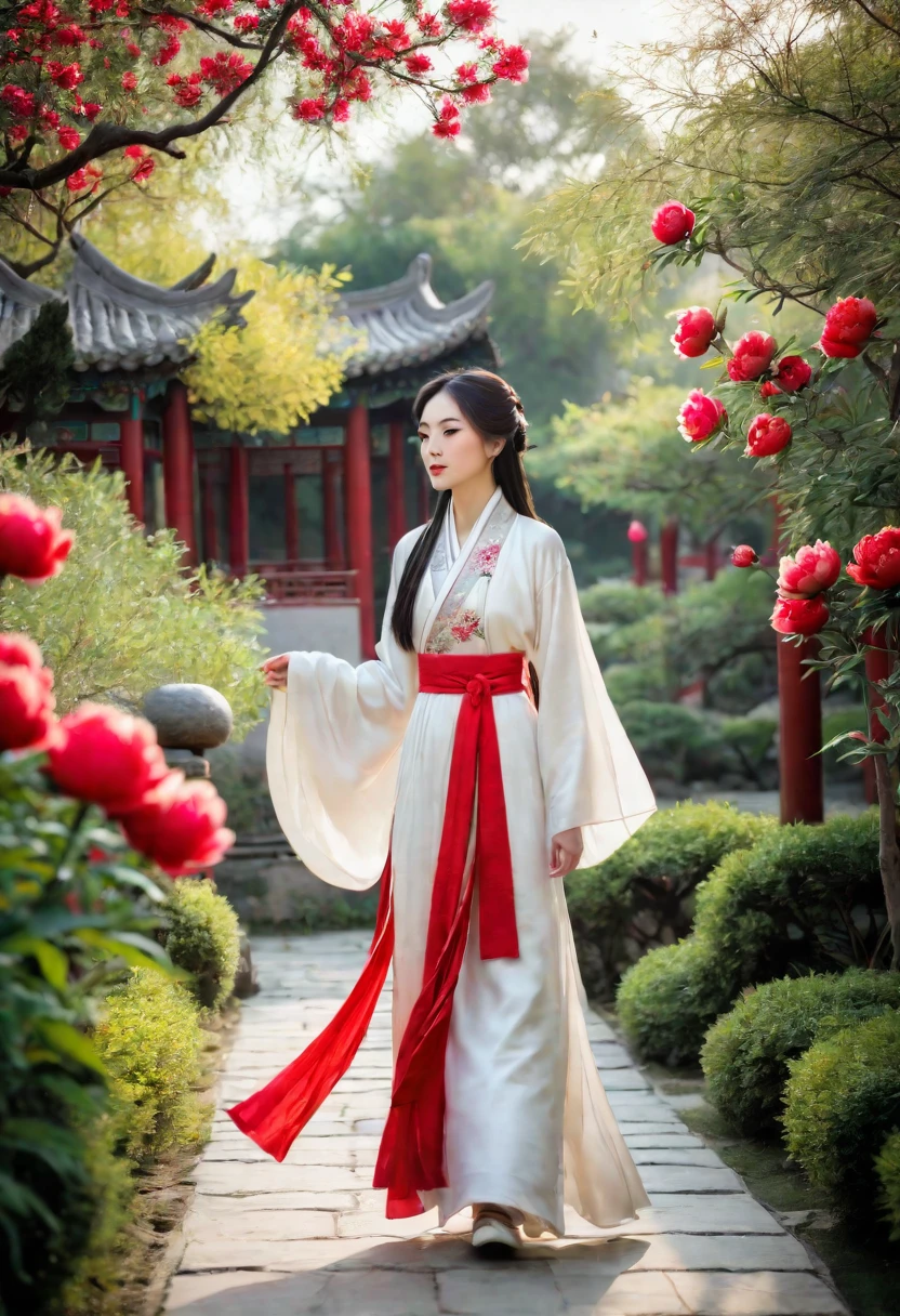 a woman wearing a white dress walking in a garden with red and white peony flowers in the foreground, a girl wearing hanfu traditional chinese clothing, long flowing hair and robe, ancient chinese garden background