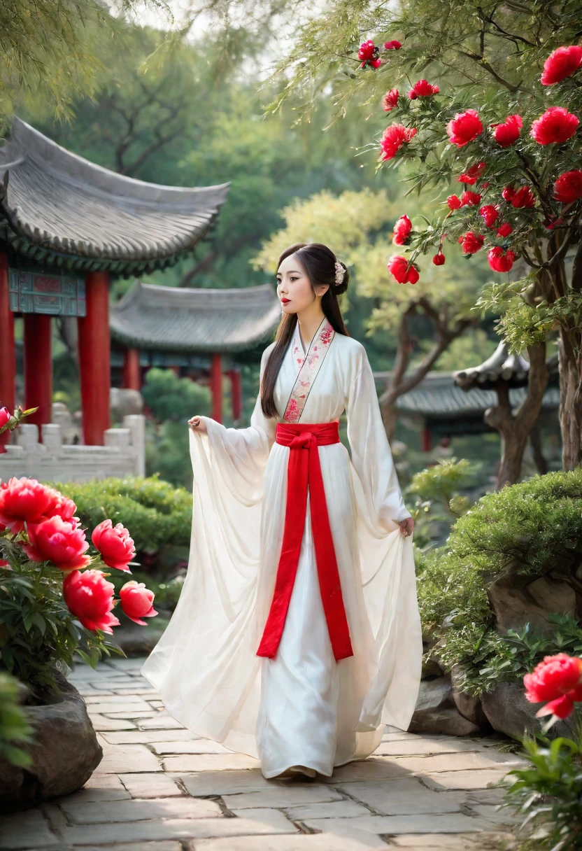 a woman wearing a white dress walking in a garden with red and white peony flowers in the foreground, a girl wearing hanfu traditional chinese clothing, long flowing hair and robe, ancient chinese garden background