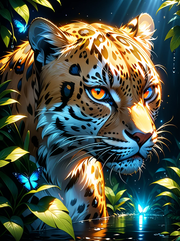 Lush plants，A fierce leopard in the jungle,1leopard,orange piercing eyes,black and white,dark background,photorealistic,realistic,high quality,high resolution,ultra detailed,masterpiece,studio lighting,cinematic lighting,dramatic lighting，Blue glowing butterfly，Water drops on leaves