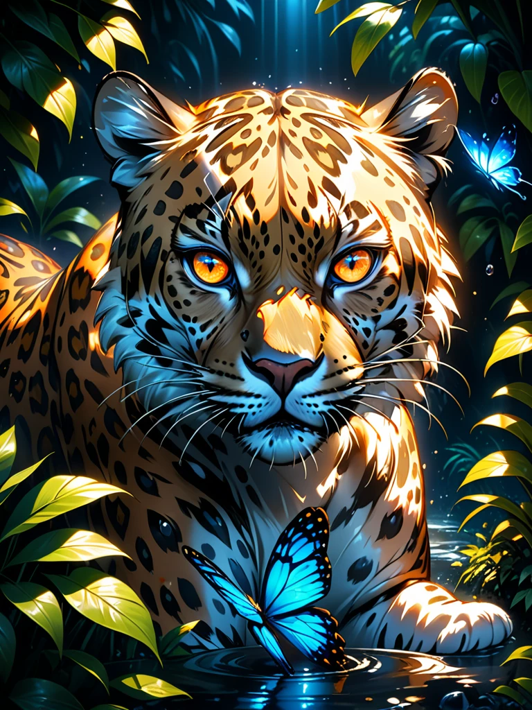 Lush plants,A fierce leopard in the jungle,1leopard,orange piercing eyes,black and white,dark background,photorealistic,realistic,high quality,high resolution,ultra detailed,masterpiece,studio lighting,cinematic lighting,dramatic lighting,Blue glowing butterfly,Water drops on leaves