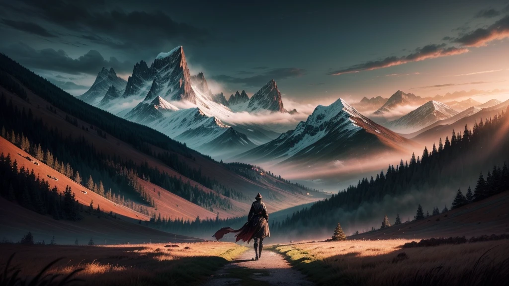 A masterpiece of the highest quality and attention to detail:1.4, Create cinematic lighting for dramatic effect. The artwork is full of vibrant colors, Highlighting particularly high contrast. The stage is a dark night、Mountains tower in the background。. The mountains are full of lush grass and tall trees々Covered in. The atmosphere is filled with fear (theme), Emphasized by the presence of terrifying monsters:1.2. The darkness adds to the suspense、Enhance the creepy atmosphere.
