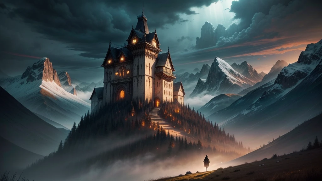 A masterpiece of the highest quality and attention to detail:1.4, Create cinematic lighting for dramatic effect. The artwork is full of vibrant colors, Highlighting particularly high contrast. The stage is a dark night、Mountains tower in the background。. The mountains are full of lush grass and tall trees々Covered in. The atmosphere is filled with fear (theme), Emphasized by the presence of terrifying monsters:1.2. The darkness adds to the suspense、Enhance the creepy atmosphere.