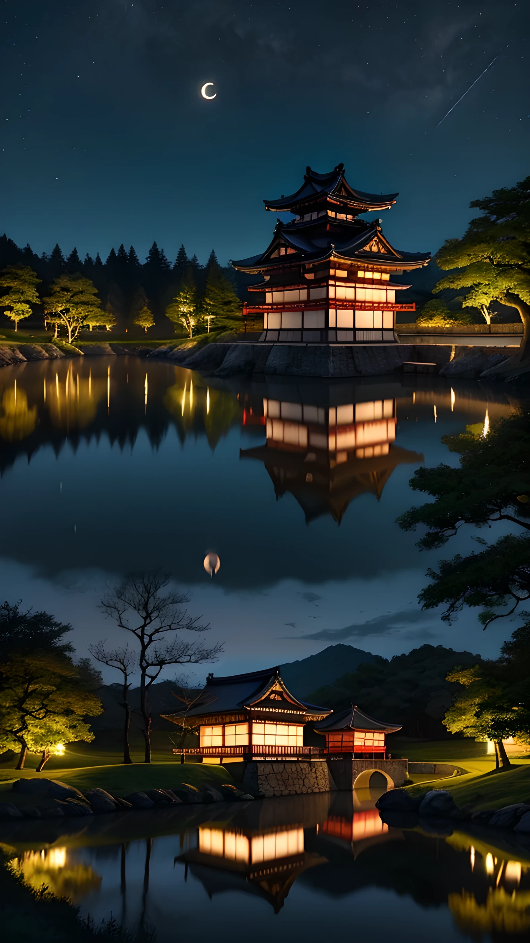 A traditional Japanese castle,With multi-layered roofs and white walls,Illuminated in the dark night sky. The castle is beautifully reflected in the calm water in front of it, Creating a perfect mirror image. The crescent moon hangs in the sky to the left of the castle,Also reflected in the water. There is a stone foundation around the castle, Surrounding trees are partially visible in the background. The overall scene is full of tranquility and mysterious atmosphere, The bright castle contrasts sharply with the dark surroundings.