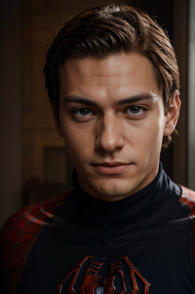 A photograph of spider man, no mask, 20 yo, handsome, detailed face, looking at camera, portrait, 8k uhd, high quality