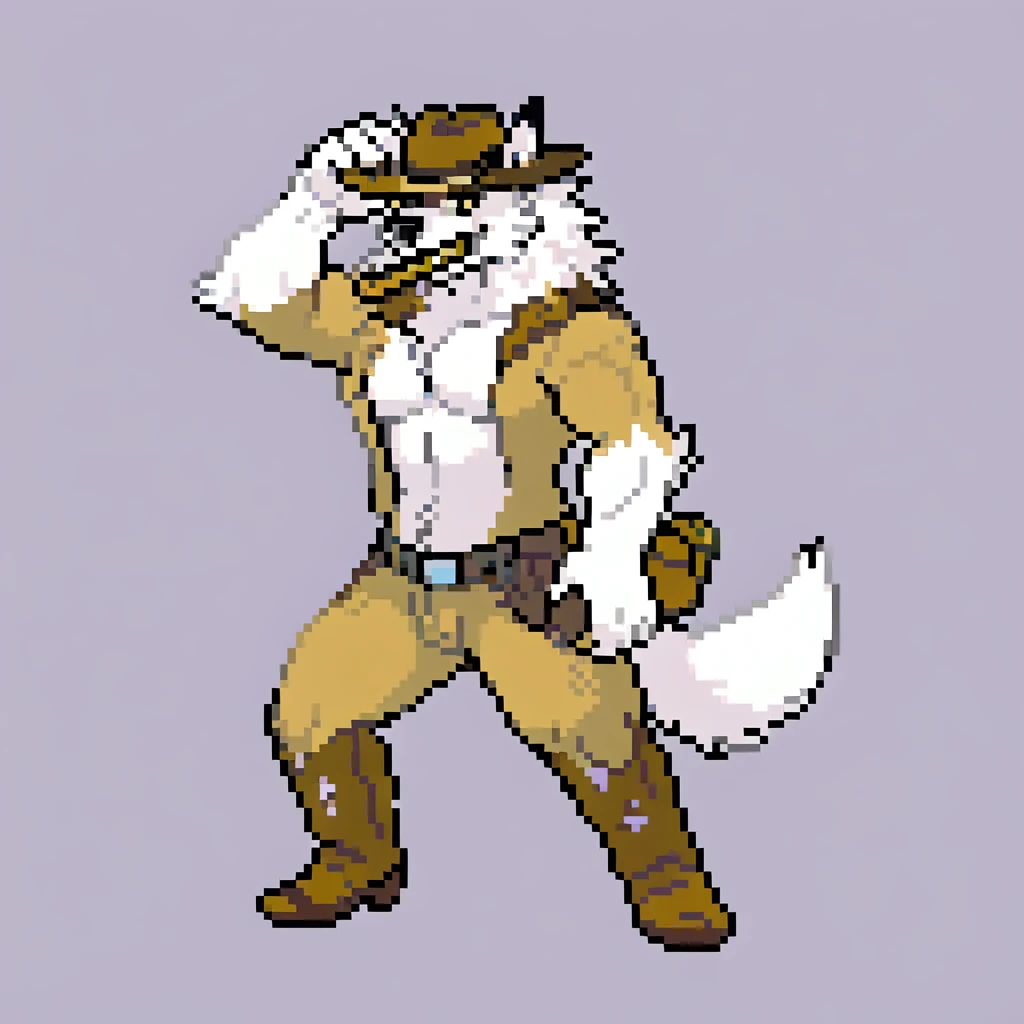 canid, canine, canis, mammal, mythological_canine, were, werecanid, werecanine, werewolf, wolf, anthro, biped, white_body, white_fur, black_nose, brown_cowboy_hat, brown_cowboy_boots, tipping_hat, hand_on_side, holster, straw_in_mouth, male, fingers, fluffy, fluffy_tail, fur, muscular, muscular_anthro, full_body, solo, digital_media_(artwork), hi_res, masterpiece,