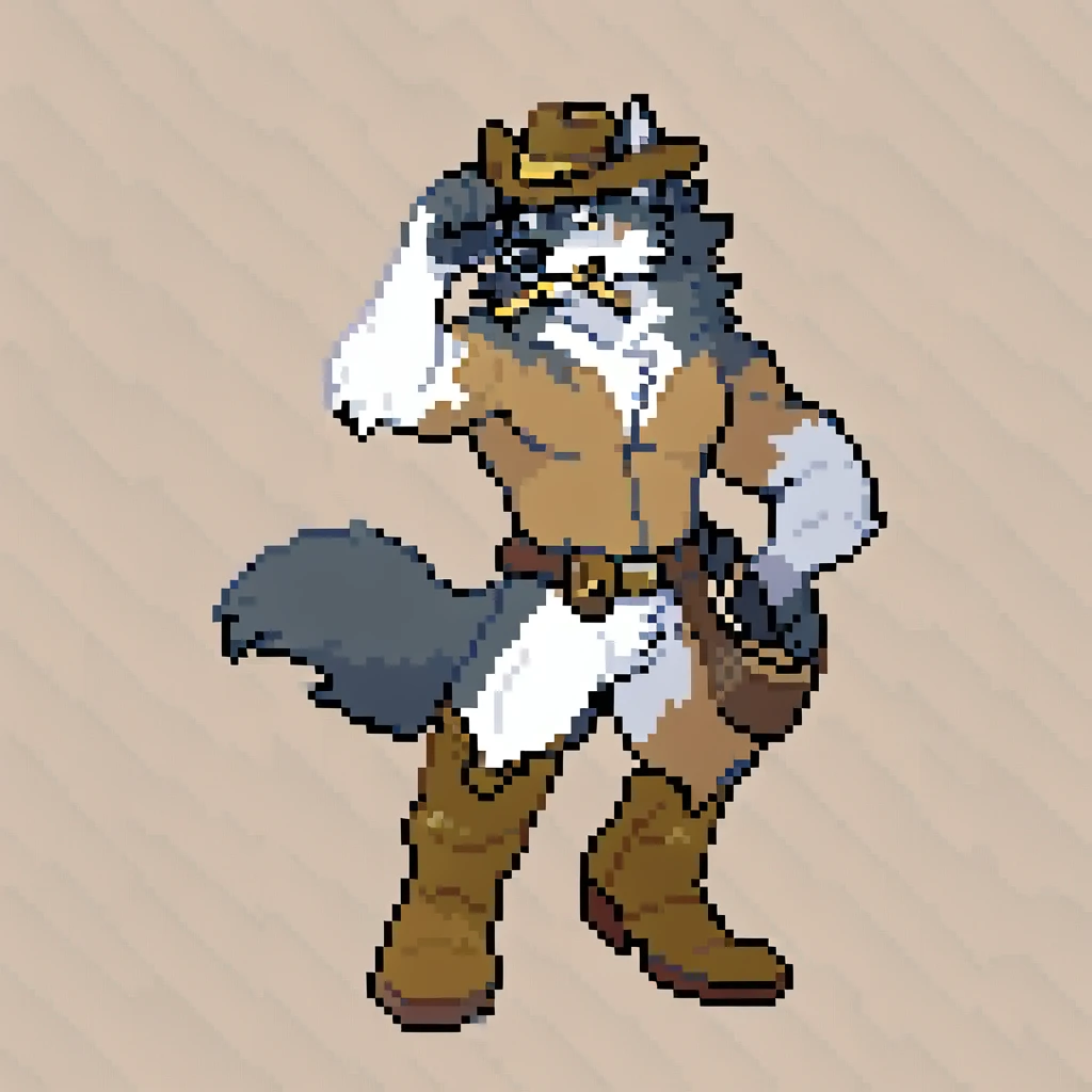 canid, canine, canis, mammal, mythological_canine, were, werecanid, werecanine, werewolf, wolf, anthro, biped, white_body, white_fur, black_nose, brown_cowboy_hat, brown_cowboy_boots, tipping_hat, hand_on_side, holster, straw_in_mouth, male, fingers, fluffy, fluffy_tail, fur, muscular, muscular_anthro, full_body, solo, digital_media_(artwork), hi_res, masterpiece,