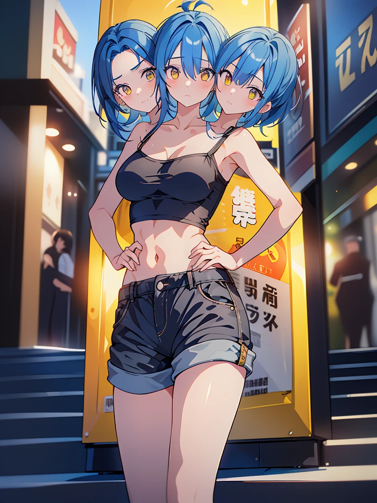 (masterpiece, best quality), best resolution, Edward, (2heads:1.5), 1girl, blue hair, yellow eyes, impatient, black t-shirt, gray short pants, hands on , waiting outside a movie theater