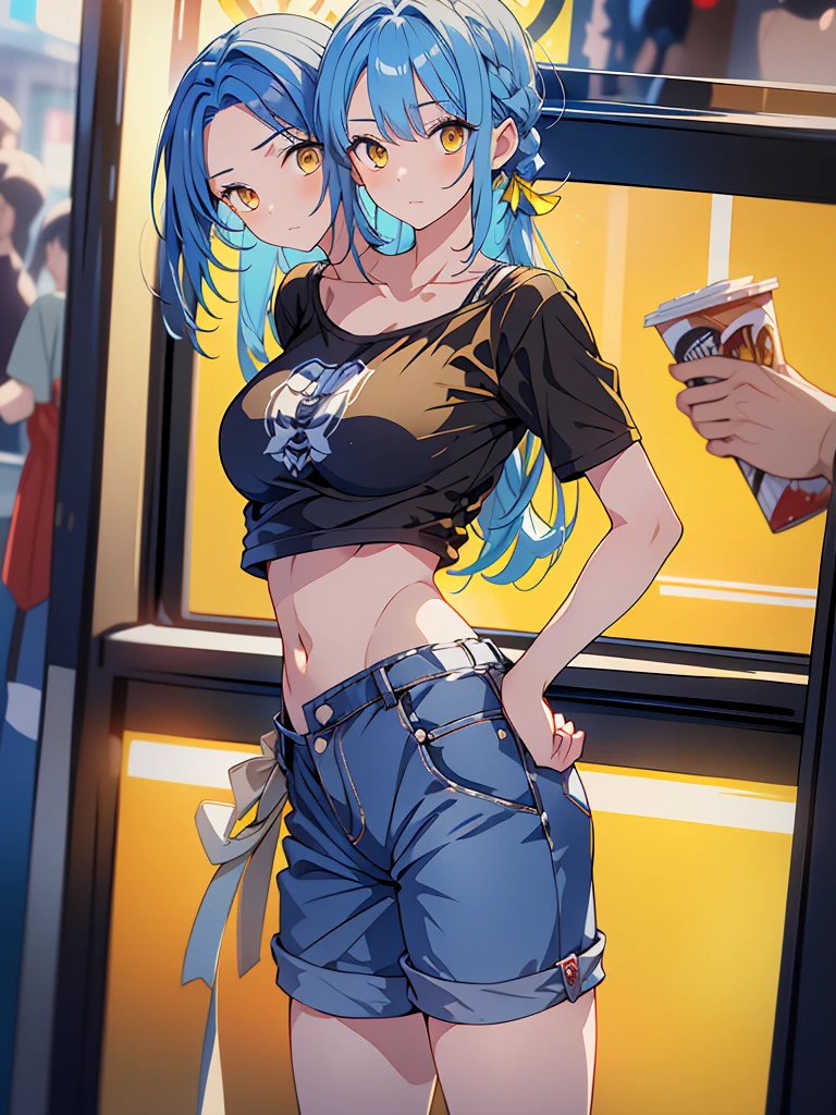 (masterpiece, best quality), best resolution, Edward, (2heads:1.5), 1girl, blue hair, yellow eyes, impatient, black t-shirt, gray short pants, hands on hips, waiting outside a movie theater