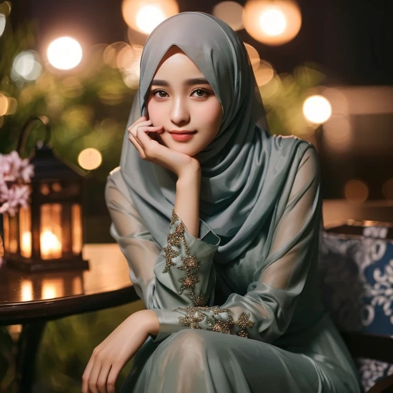 a beautiful young woman sitting on a chair, wearing a hijab and a long-sleeved dress with decorations on the chest area. The background looks softly blurred with warm bokeh light, indicating a twilight atmosphere. The woman's face is hidden.