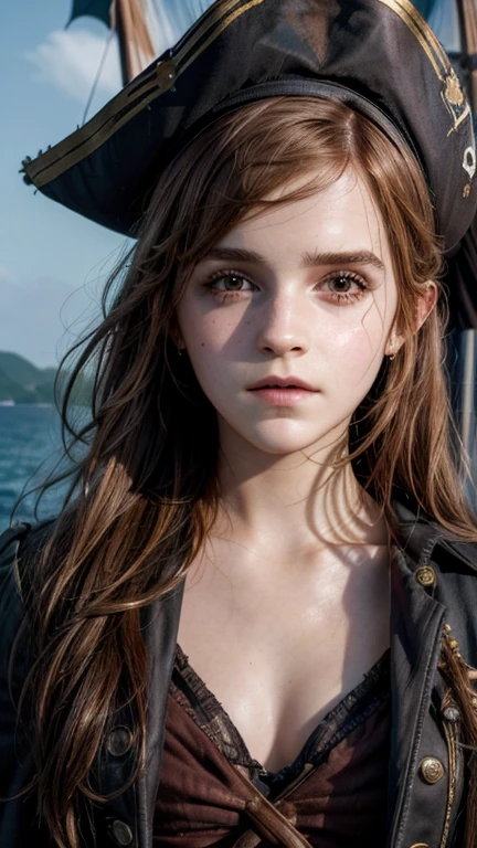 high qualiy, 8K Ultra-HD, highy detailed, Full length portrait detail of beautiful pirate woman ((Emma Watson)), Detailed image of a pirate ship, a mesmerizing 20-year-old female pirate with an ethereal beauty that rivals the stars, By Yukisakura, amazing full color,