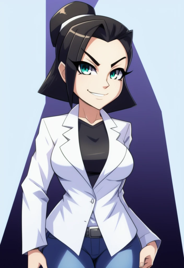 marie itami, furry, female, labcoat, black shirt, jeans, smirk, bust, hands in pockets